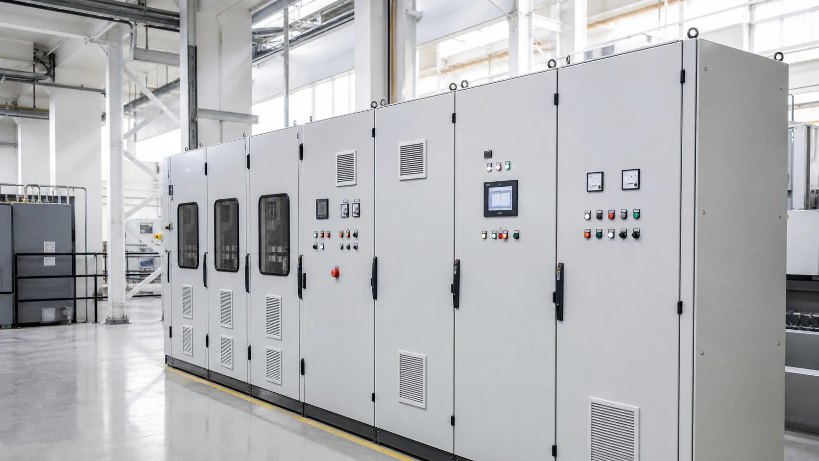 Illustrative modern electrical control cabinets in a bright industrial facility