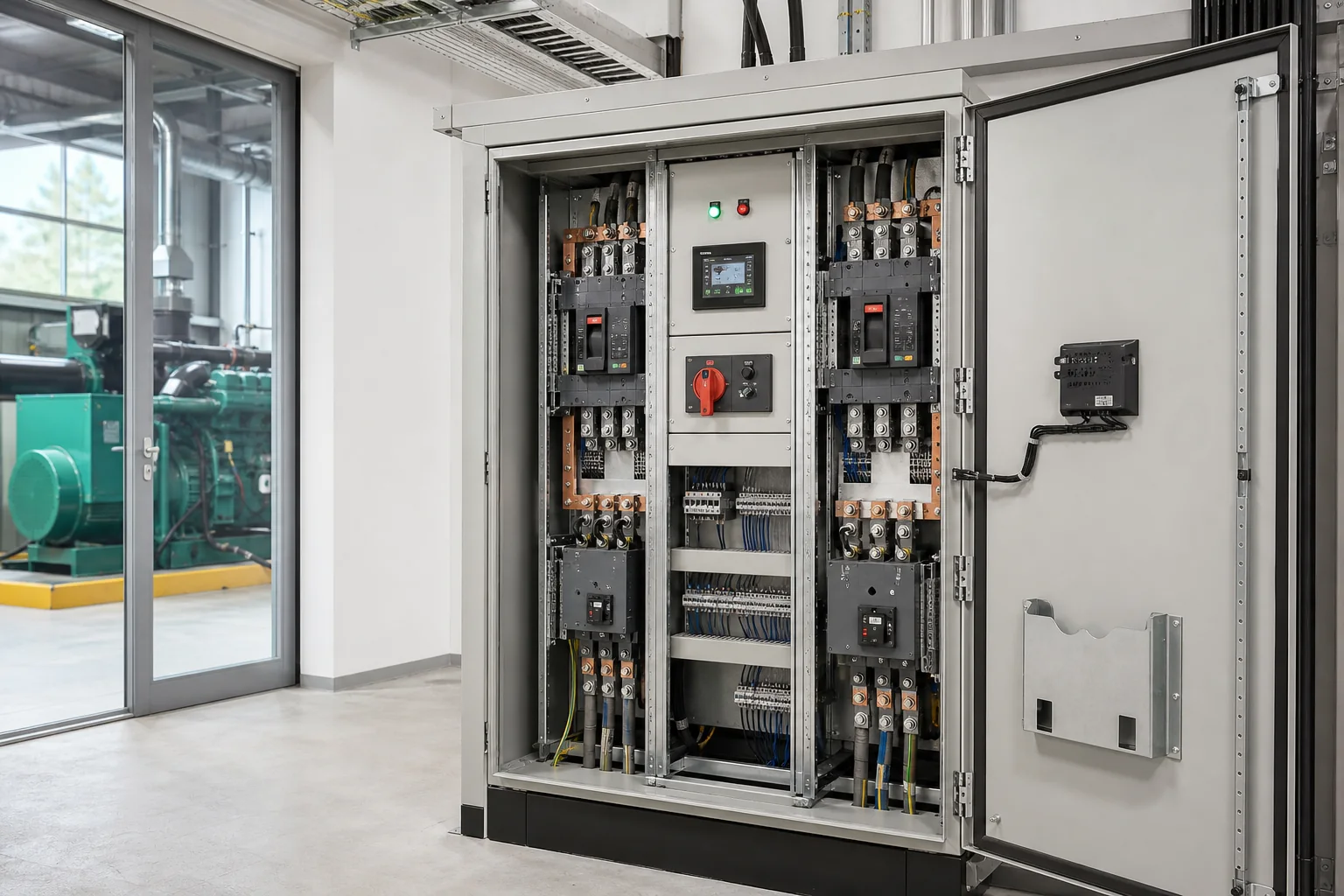 Illustrative automatic switching and changeover panel with separated source paths