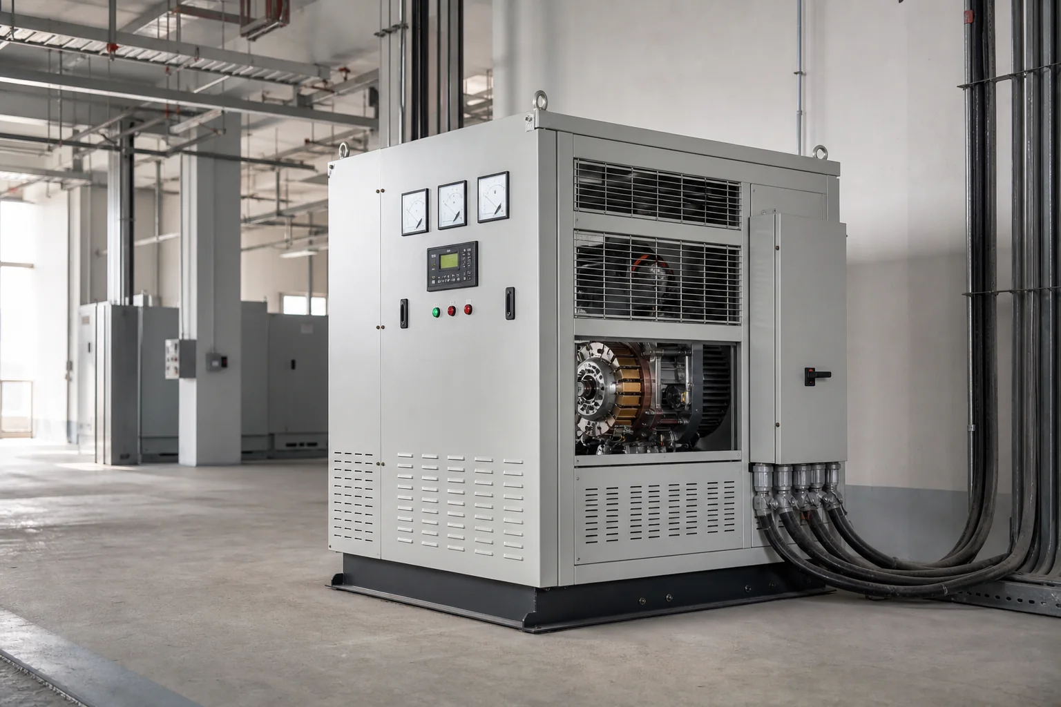 Illustrative servo voltage stabilizer with regulation mechanism and monitoring meters